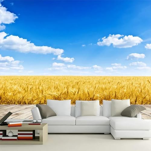 WEITAOSM 3D-Naturlandschaft, blauer Himmel, weiße Wolken, goldene Pflanzen, Weizen, Wandbild, Wohnzimmer, Fernseher, Sofa, Wandkunst, Tapete (selbstklebendes PVC) von WEITAOSM