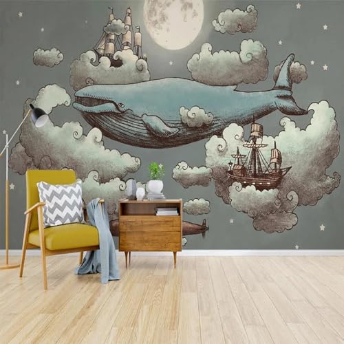 WEITAOSM 3D Nordic Creative Aquarell Cartoon Segelboot Wolken Wal Wandbild Schlafzimmer Kinderzimmer Hintergrund Kunst Tapete (selbstklebendes PVC) von WEITAOSM