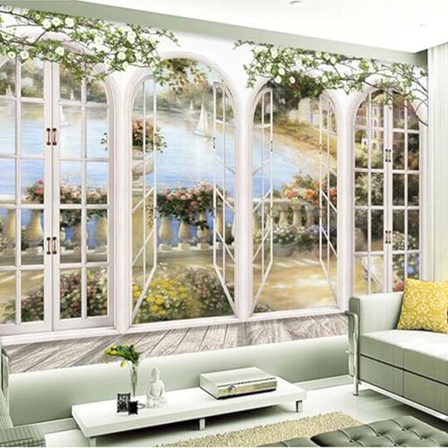 WEITAOSM 3D-Stereo-Fensterlandschaft, Garten-Pool-Tapete, geeignet für Wohnzimmer, TV, Sofa, Hintergrund, Kunsttapete (selbstklebendes PVC) von WEITAOSM