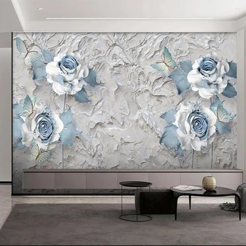 WEITAOSM 3D-Stereo-Relief-Wandbild mit blauen Blumen und Schmetterlingen, für Schlafzimmer, Wohnzimmer, Fernseher, Sofa, Hintergrund, Wandkunst, Tapete (selbstklebendes PVC) von WEITAOSM