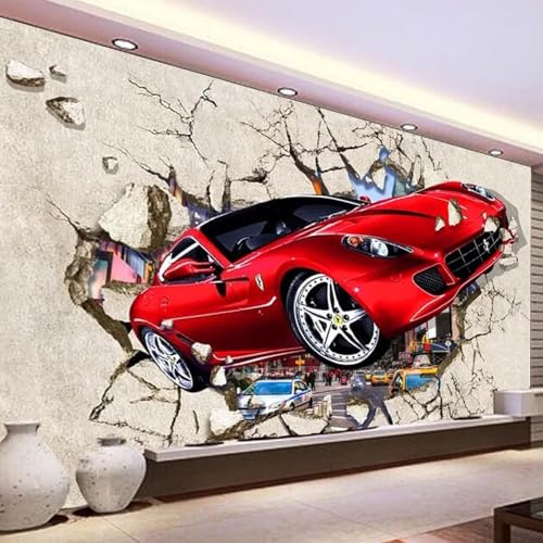 WEITAOSM 3D-Tapete mit dem Thema „Zerbrochene Wand“, rotes Cartoon-Auto, für Schlafzimmer, Wohnzimmer, Kinderzimmer, kreative Tapete (selbstklebendes PVC) von WEITAOSM