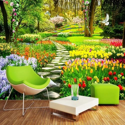 WEITAOSM 3D-Wandbild mit Naturblumen, Pflanzen und Vögeln, Gartenweg, Wohnzimmer, Schlafzimmer, Heimdekoration, Hintergrundtapete (selbstklebendes PVC) von WEITAOSM