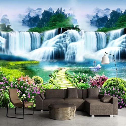 WEITAOSM 3D-Wandbild mit Naturlandschaft, Berg, Wasserfall, Pflanze, Blume, Schwan, Arbeitszimmer, Wohnzimmer, Fernseher, Sofa (selbstklebendes PVC) von WEITAOSM