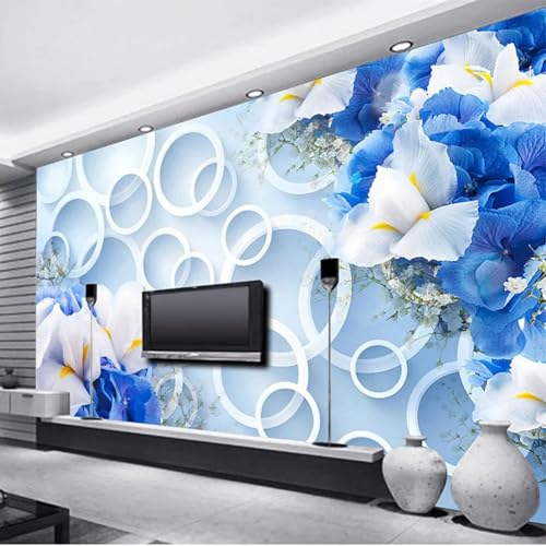 WEITAOSM 3D-Wandbild mit abstrakten geometrischen Kreismustern in Blau und Weiß mit Blumen für Wohnzimmer, TV, Sofa, Hintergrund, Kunsttapete (selbstklebendes PVC) von WEITAOSM