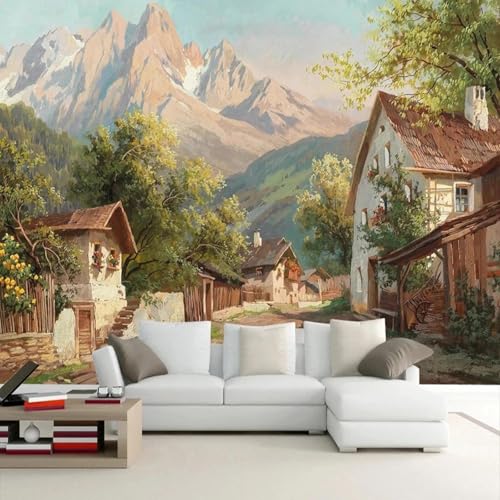 WEITAOSM 3D-Wandbild mit europäischer pastoraler Landschaft, Zimmerpflanze, Berg, Café, Restaurant, Wohnzimmer, Kunstposter (selbstklebendes PVC) von WEITAOSM