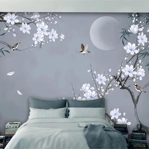 WEITAOSM 3D-Wandbild mit handbemalten Bambusblättern, Blumen, Vögeln und Monden, für Schlafzimmer, Wohnzimmer, Arbeitszimmer, Hintergrund, Wandkunst, Tapete (selbstklebendes PVC) von WEITAOSM