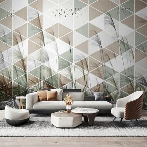 WEITAOSM 3D-Wandbild mit handgemaltem Pflanzen-Schilfvogel-geometrischem Muster, Wohnzimmer-TV-Sofa-Hintergrundbild (selbstklebendes PVC) von WEITAOSM