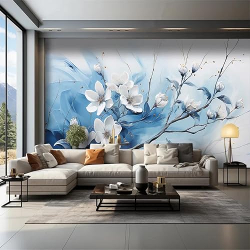 WEITAOSM 3D-Wandbild mit handgemalten Pflanzen, weißen Blumen und blauem Hintergrund, für Schlafzimmer, Arbeitszimmer, Wohnzimmer, Sofa, Wanddekoration (selbstklebendes PVC) von WEITAOSM