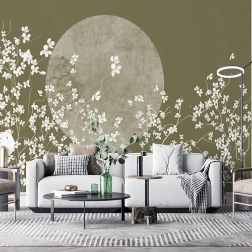WEITAOSM 3D-Wandbild mit handgemalten Pflanzen im chinesischen Stil, weißen Blumen, Mondlandschaft, Schlafzimmer, Wohnzimmer, Sofa (selbstklebendes PVC) von WEITAOSM