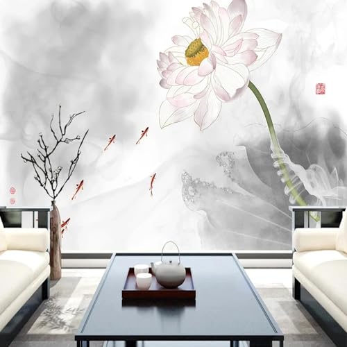 WEITAOSM 3D abstrakte Tinte Stil Lotus Fisch Wandbild Schlafzimmer Wohnzimmer Sofa Hintergrund Wandkunst Tapete (selbstklebendes PVC) von WEITAOSM