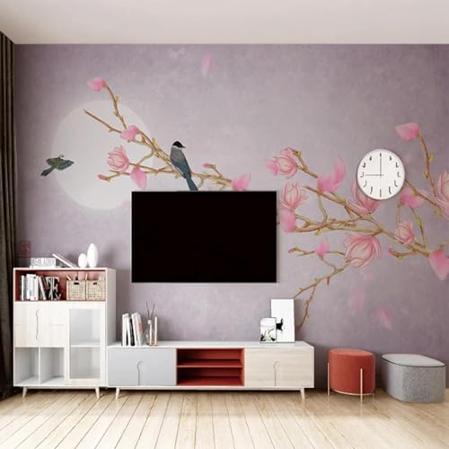 WEITAOSM Handgemalte Wandtapete mit rosa Magnolie und Vogelmotiv für Wohnzimmer, Fernseher, Sofa, Schlafzimmer, Hintergrund, Wandkunst (selbstklebendes PVC) von WEITAOSM