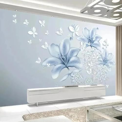 WEITAOSM Modernes 3D-Stereo-Wandbild mit blauen Blumen und Schmetterlingen, für Wohnzimmer, Schlafzimmer, Arbeitszimmer, kreative Kunsttapete (selbstklebendes PVC) von WEITAOSM