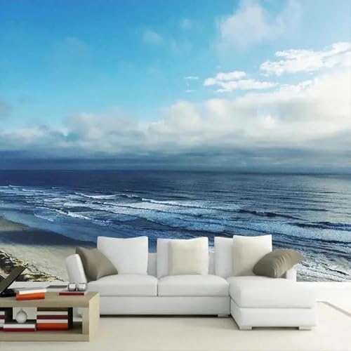 WEITAOSM Modernes 3D-Wandbild mit Küstenszene, blauem Himmel und weißen Wolken, Strand, Wohnzimmer, Fernseher, Sofa, Schlafzimmer, Hotel (selbstklebendes PVC) von WEITAOSM