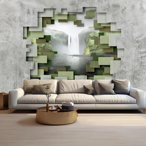 WEITAOSM Modernes 3D-Wandbild mit geometrischem abstraktem Bergwasserfall, Grünpflanze, Naturlandschaft, Arbeitszimmer, Wohnzimmer, Sofa (selbstklebendes PVC) von WEITAOSM