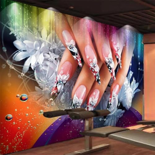 WEITAOSM Nagelkunst, weiße Blumen, Wassertropfen, bunte Hintergrundbilder, Nagelkunstgeschäft, Schönheitssalon, moderne Kunst, Wanddekoration (selbstklebendes PVC) von WEITAOSM