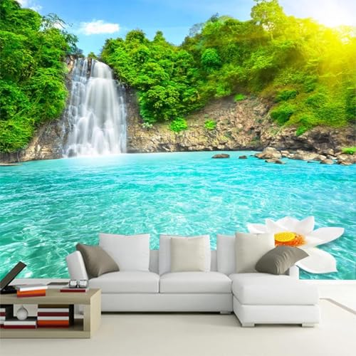 WEITAOSM Naturlandschaft Dschungel Wasserfall Felsen Pool Lotus Tapete Wohnzimmer Sofa Lounge Wandbild (selbstklebendes PVC) von WEITAOSM