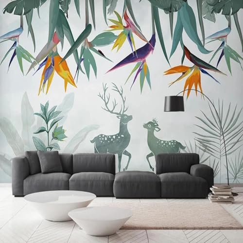 WEITAOSM Nordisches grünes tropisches Pflanzenblatt-Tier-Elch-Gemälde-Kunst-Wandbild für Wohnzimmer, Arbeitszimmer, Sofa (selbstklebendes PVC) von WEITAOSM