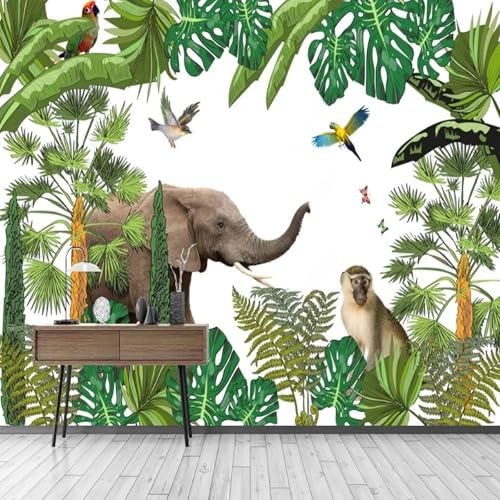 WEITAOSM Tropische Pflanze Tier Elefant Affe Papagei Schmetterling Wandbild Wohnzimmer TV Sofa Wandkunst Tapete (selbstklebendes PVC) von WEITAOSM