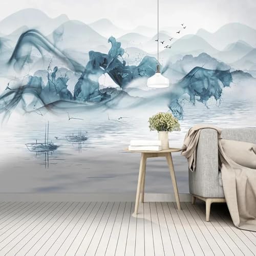 WEITAOSM Wandbild im chinesischen Stil mit 3D-Tinte, abstrakte Landschaft, Boot, Vogellandschaft, Schlafzimmer, Wohnzimmer, Arbeitszimmer (selbstklebendes PVC) von WEITAOSM
