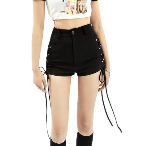 WEITING Bandage Sexy Y2k Shorts Damen Streetwear Gothic Mini Hohe Taille Schnürung Lässig Eng Schwarz Goth Club Mode Sommer Hot Pants-Schwarz-S von WEITING