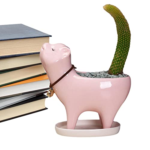 WEITING Katzen-Blumentopf - Einzigartiger Blumentopf in Katzenform, Cartoon-Keramik, Gras, Blumentopf mit Untersetzer | Katzen-Pflanzgefäß, Blumentopf für den Balkon des Bürohauses von WEITING