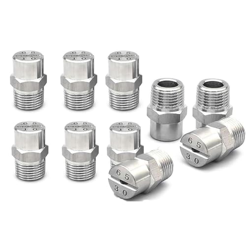 Düsen Spitze, 10 Stück Flachstrahldüsen Edelstahl 40-110 Grad Mehrere Größen 1/8 1/4 BSPT(1/8 External Thread 9.5mm (Bore Diameter 3.6mm),110°) von WEITINGKKK