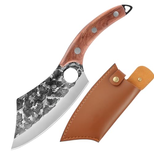 Handgeschmiedetes Küchenmesser mit Hammerschlag-Muster,Lederhülle Handgeschmiedete Kochmesser Damast Profi Wikinger Messer Japanisches Metzgermesser Outdoor-Messer für Küche Grillmesser von WEITINX