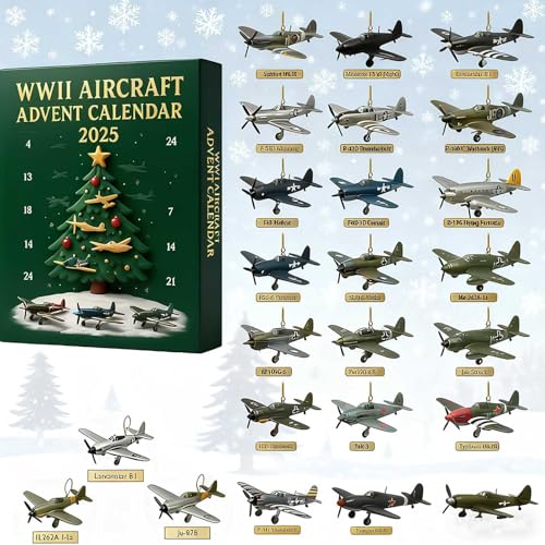 WWII Flugzeug-Adventskalender – 24 Tage Countdown-Box mit legendären Kampfflugzeugen, Weihnachts-Countdown-Kalender 2025 mit Mini-Kampfflugzeugen zum Auspacken, bedeutsame Miniatur-Flugzeuggeschenke von WEIWOGU