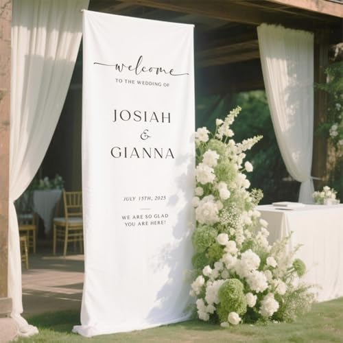 Personalisiertes Hochzeitsschild aus Stoff, modernes Hochzeitsschild mit Namen und Datum, Stoffschild, individuelle Leinen-Hochzeitsschilder, Boho-Hochzeitsdekoration (38 x 127 x 50 Zoll) von WEIYOUDP