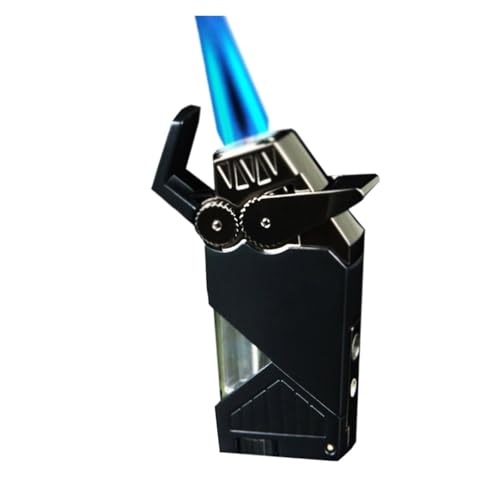 WEIYUORT Winddichtes Jet-Doppelflammen-Gasfeuerzeug aus Metall, Retro-Rocker-Feuerzeug mit sichtbarem Gasfenster, Butan nachfüllbar, verstellbar, Geschenk for Männer(Black) von WEIYUORT