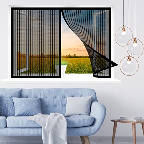 Magnetvorhang Fliegengitter, 100 x 145 cm Insektenschutz, Klettband Fliegengitter Fenster mit Klettband, Klebmontage ohne Bohren für Windows/Wohnzimmer Fenstern, Schwarz von WEIZERO