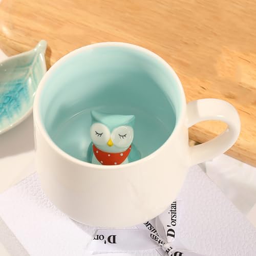 3D Tier Kaffee Tasse mit Nette Eule Innen, Cartoon Kaffeetasse Milch Tee Keramik Becher, Süß Teetasse Geschenktasse Porzellan Tasse für Kinder, Frauen, Mädchen - Geburtstage Vatertag Geschenk von WEIZHIDA