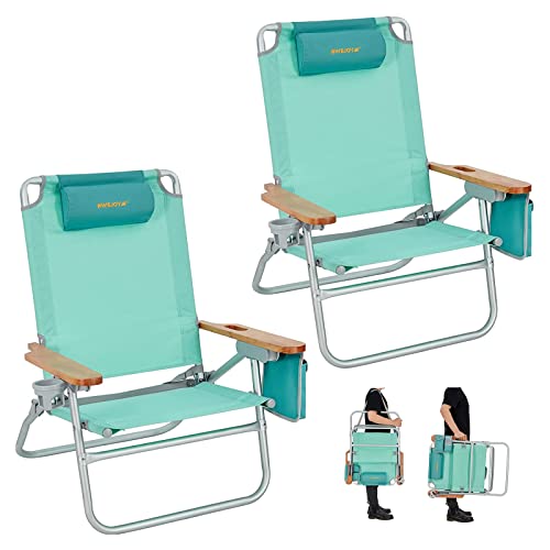 #WEJOY 2er-Pack übergroße 4er-Pack verstellbare Strandstühle, Rucksack faltbar, neigbare Strandstühle für Erwachsene, tragbarer niedriger Sitz mit Tragegurt, Holzarmlehne für Festivals, Cmapming Picknick, 136 kg von #WEJOY
