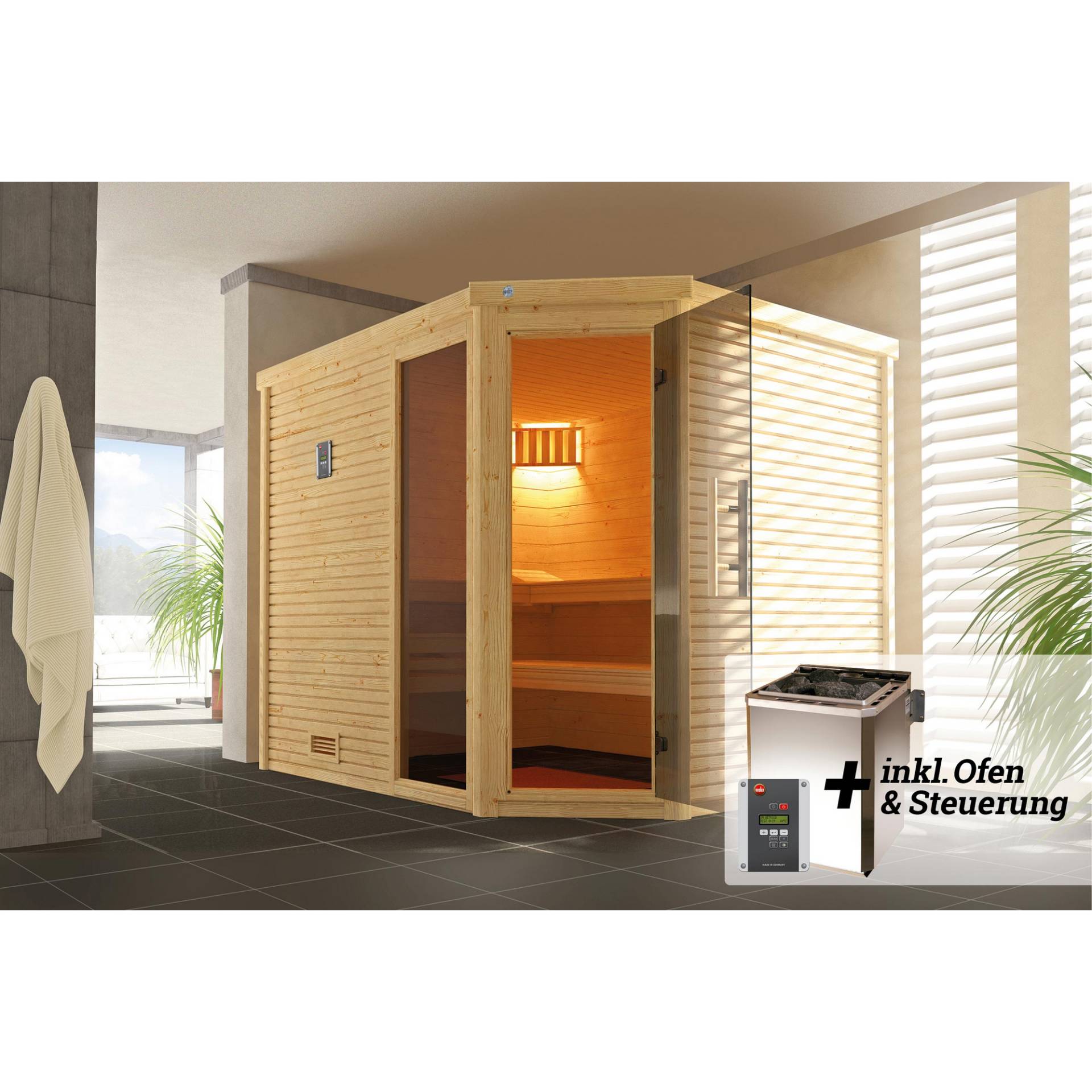 Weka Design-Sauna 'Cubilis 3' mit 7,5 kW BioS-Ofenset, Steuerung, Glastür, Fenster 248 x 198 x 205 cm Weka Design-Sauna 'Cubilis 3' mit 7,5 kW BioS-Ofenset, Steuerung, Glastür, Fenster 248 x 198 x 205 cm von WEKA