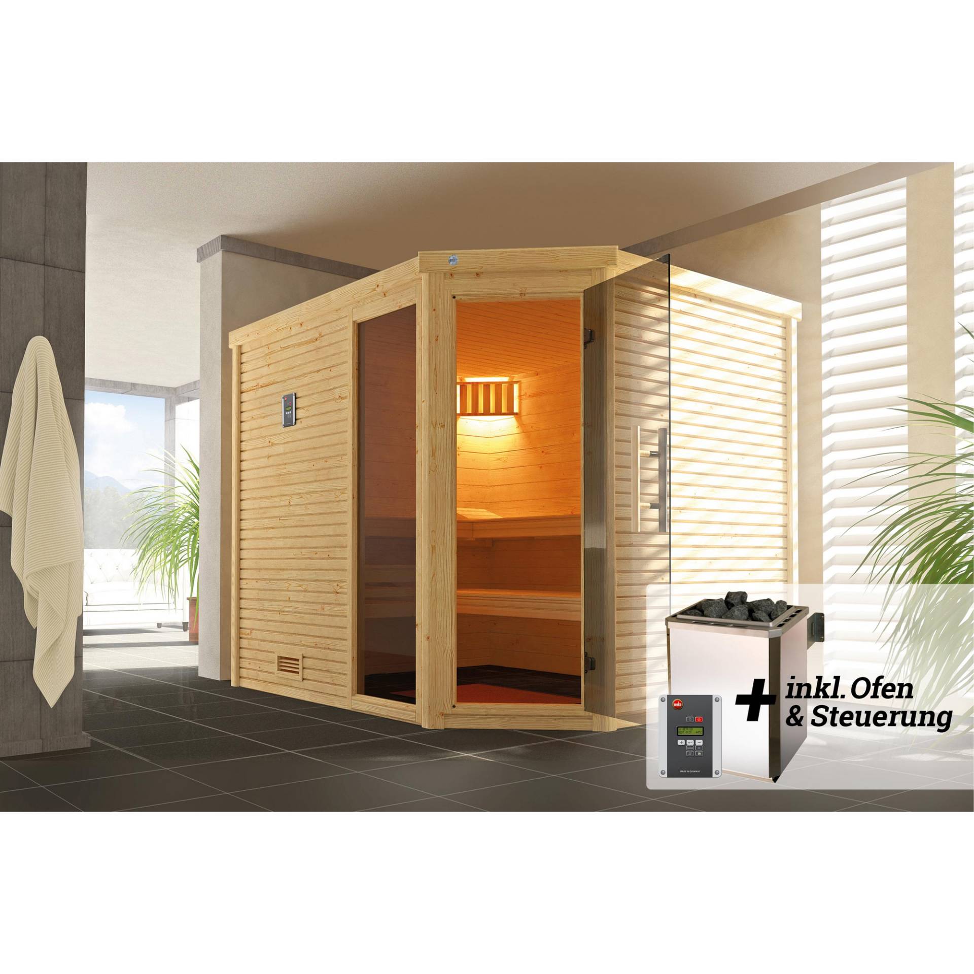 Weka Design-Sauna 'Cubilis 3' mit 7,5 kW OS-Ofenset, Steuerung, Glastür, Fenster 248 x 198 x 205 cm Weka Design-Sauna 'Cubilis 3' mit 7,5 kW OS-Ofenset, Steuerung, Glastür, Fenster 248 x 198 x 205 cm von WEKA