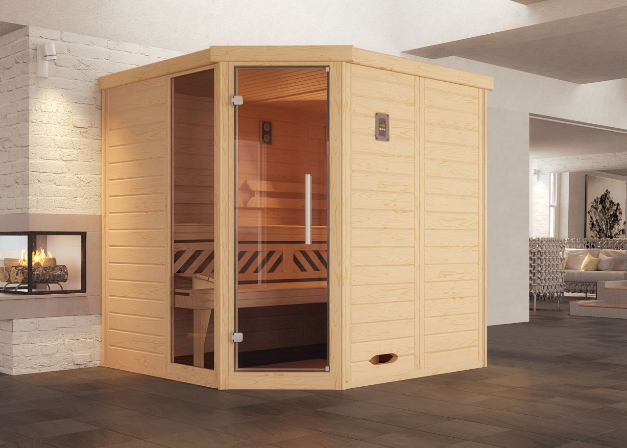 Weka Massivholz-Eck-Sauna Kemi Eck 1 mit Glastür/Fenster von WEKA