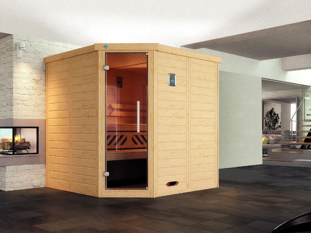 Weka Massivholz-Eck-Sauna Kemi Eck 2 mit Glastür und Komfortpaket von WEKA