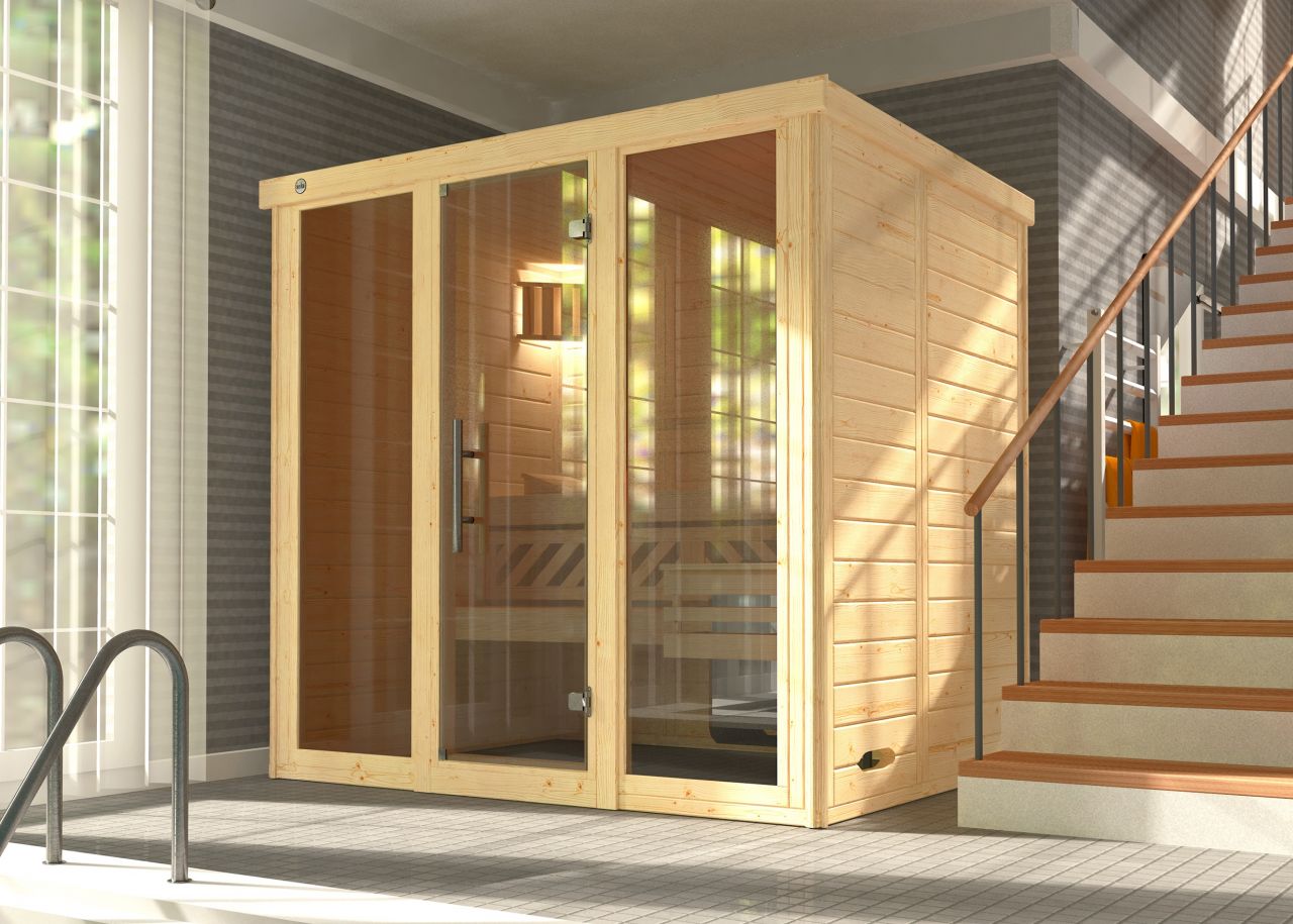 Weka Massivholz-Elementsauna Kemi Panorama 2 mit Glastür, 2 Fenstern und Saunaofen von WEKA