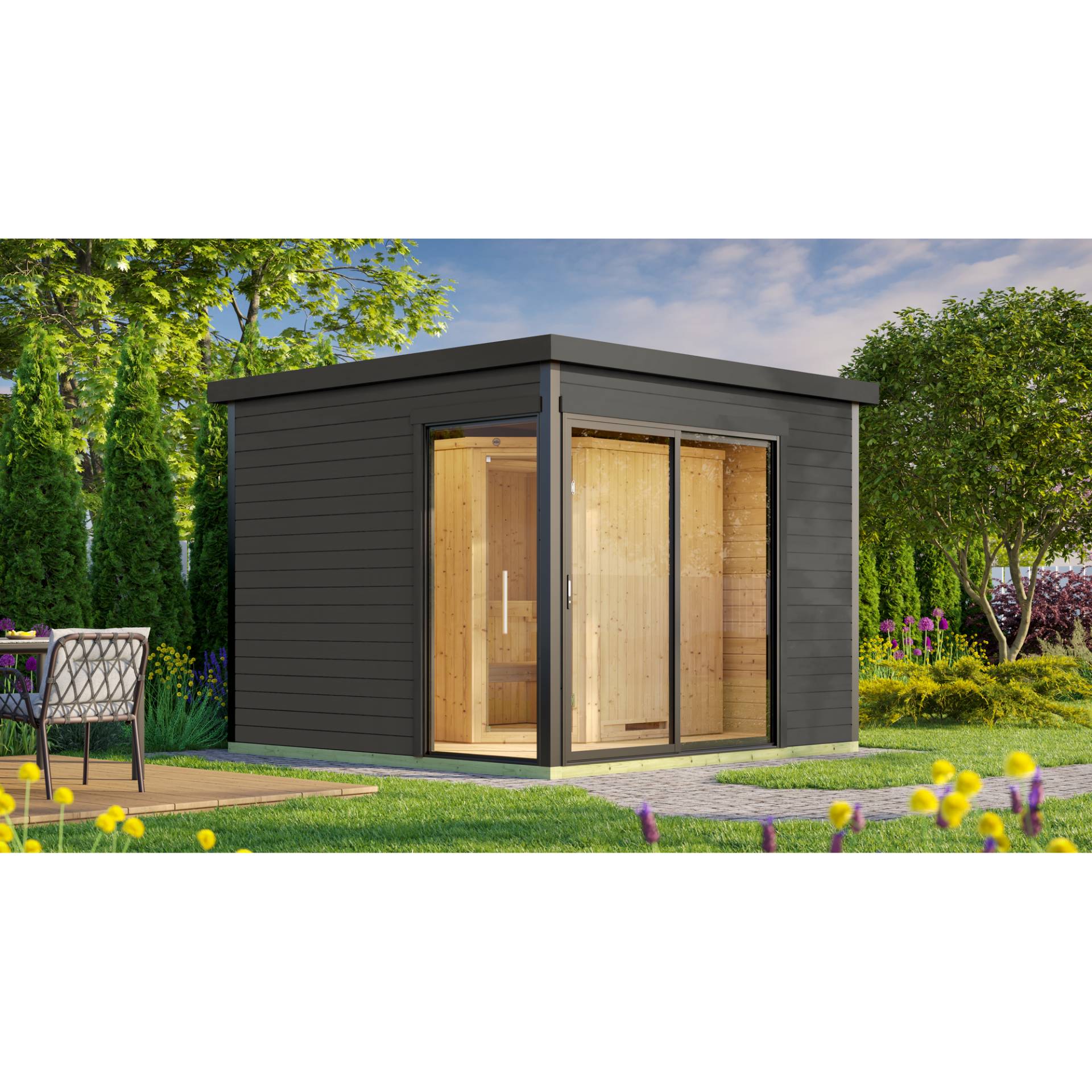Weka Design-Saunahaus '412' graphitgrau mit Sauna Varberg 3, Steuerung 7,5 kW BioS-Ofen 320 x 320 x 239 cm von WEKA