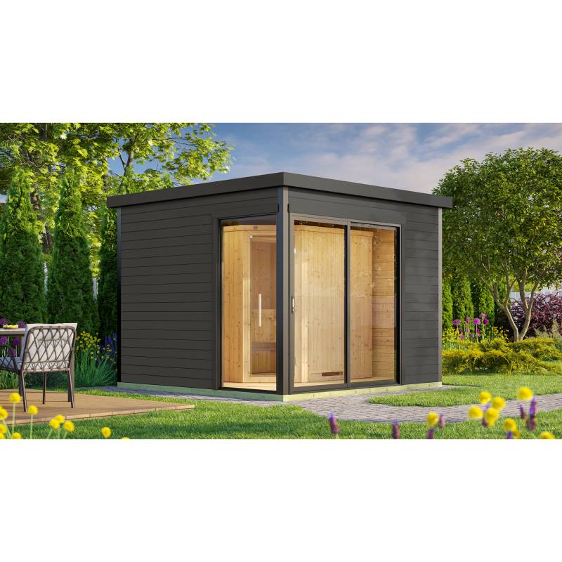 Weka Design-Saunahaus '412' graphitgrau mit Sauna Varberg 3, Steuerung 9,0 kW Kompakt-Ofen 320 x 320 x 239 cm von WEKA