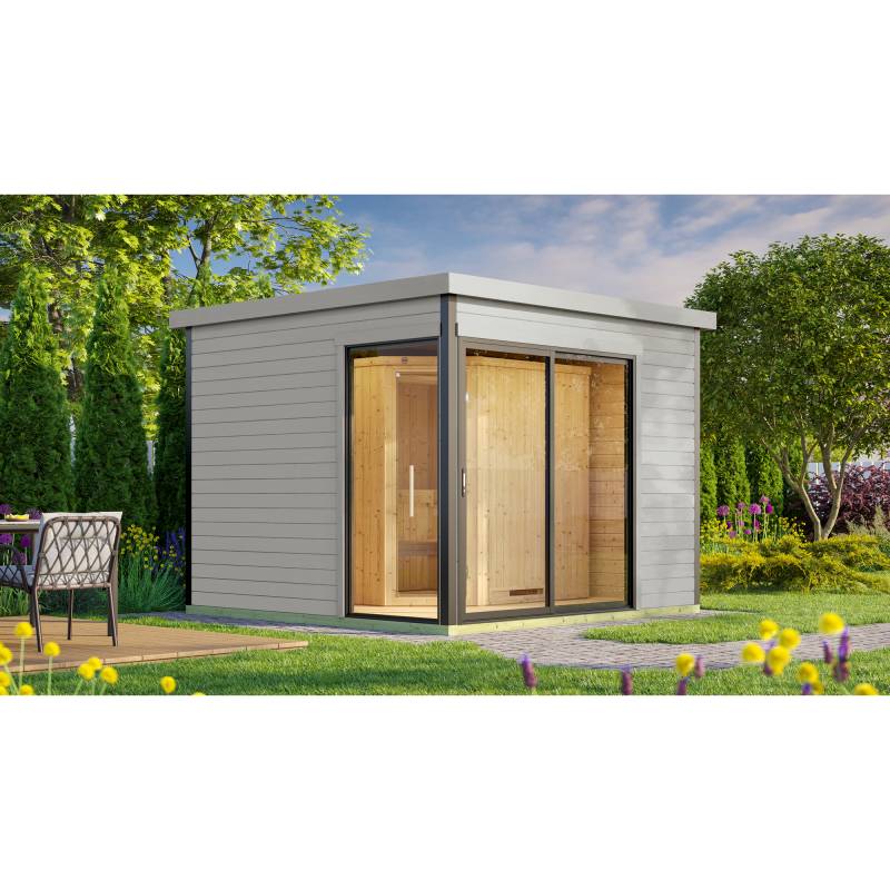 Weka Design-Saunahaus '412' hellgrau mit Sauna Varberg 3, Steuerung 7,5 kW BioS-Ofen 320 x 320 x 239 cm von WEKA
