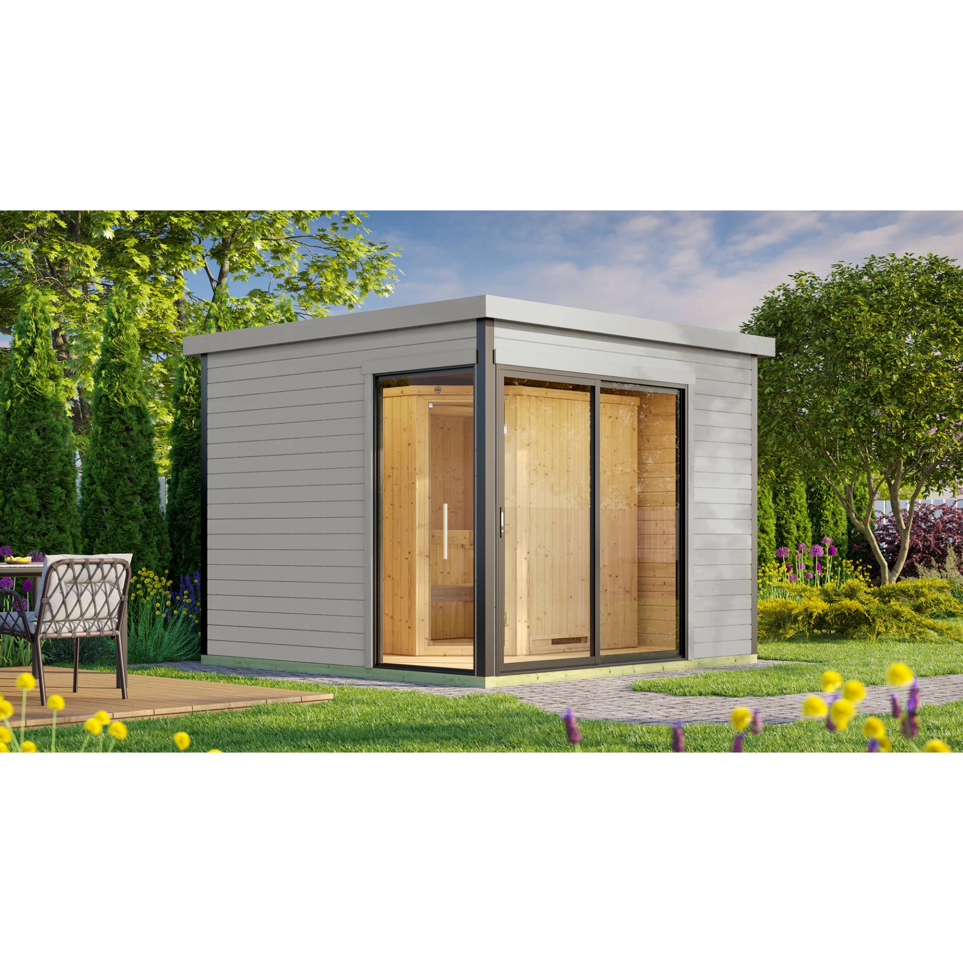 Weka Design-Saunahaus '412' hellgrau mit Sauna Varberg 3, Steuerung 9 kW Kompakt-Ofen 320 x 320 x 239 cm von WEKA