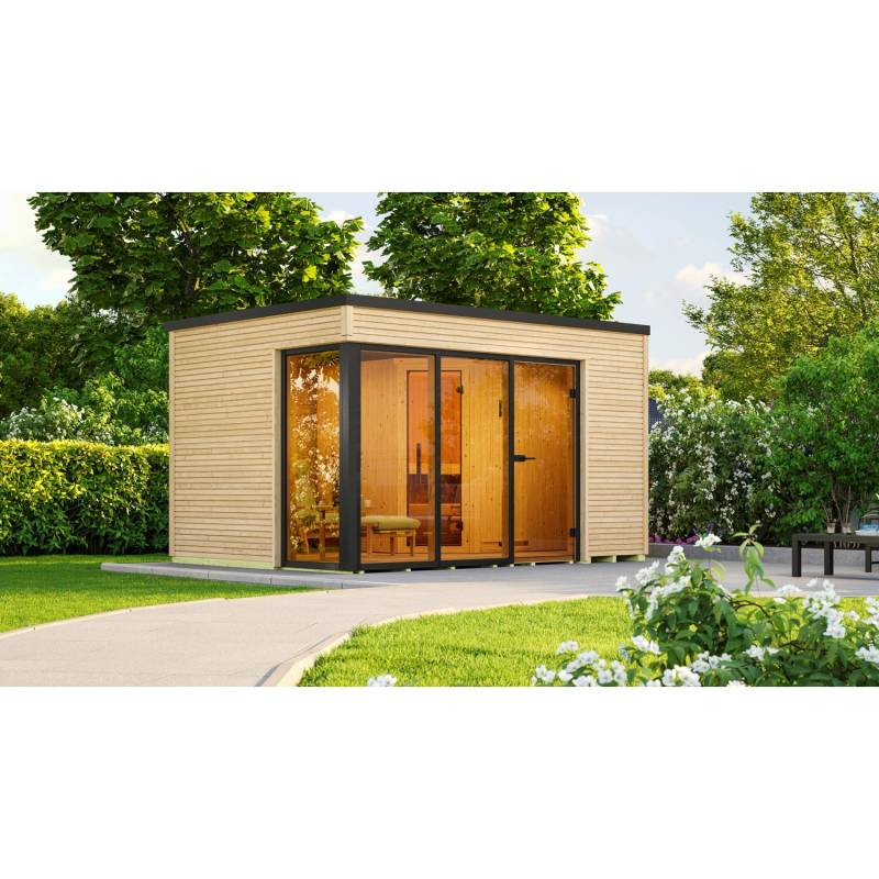Weka Design-Saunahaus Cubilis Außenmaß 388 cm x 314 cm Sparset 9 kW BioS von WEKA