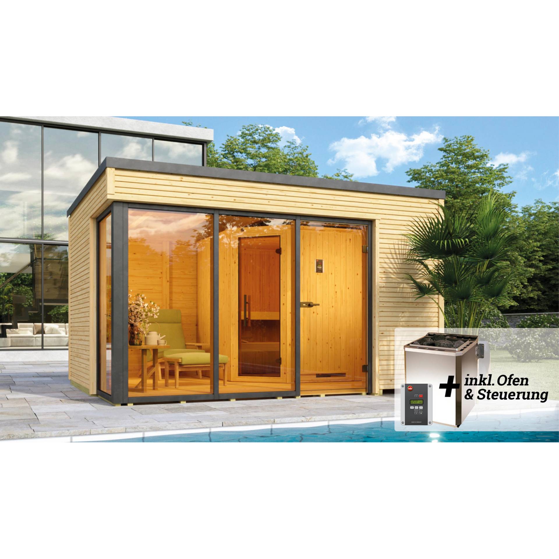 Weka Design-Saunahaus 'Cubilis' mit Sauna Varberg 3 und 7,5 kW BioS-Ofenset, Steuerung 380 x 300 x 249 cm Weka Design-Saunahaus 'Cubilis' mit Sauna Varberg 3 und 7,5 kW BioS-Ofenset, Steuerung 380 x 300 x 249 cm von WEKA