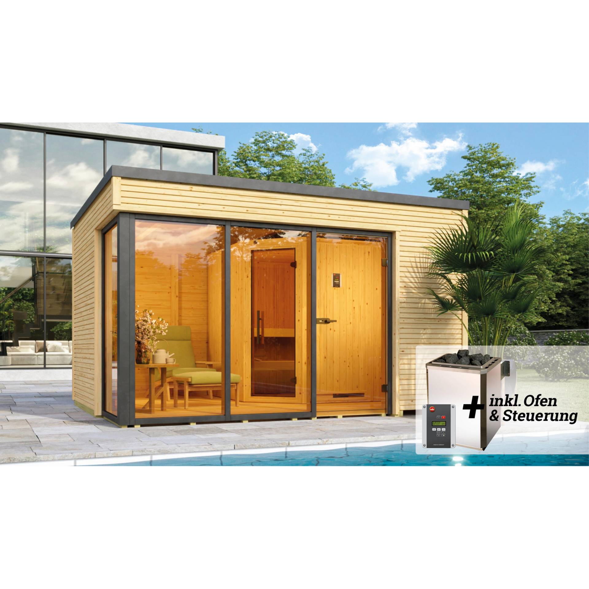 Weka Design-Saunahaus 'Cubilis' mit Sauna Varberg 3 und 7,5 kW OS-Ofenset, Steuerung 380 x 300 x 249 cm Weka Design-Saunahaus 'Cubilis' mit Sauna Varberg 3 und 7,5 kW OS-Ofenset, Steuerung 380 x 300 x 249 cm von WEKA