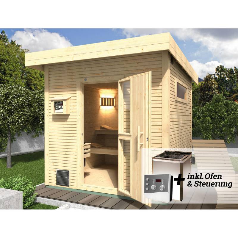 Weka Design-Saunahaus 'Kuopio' natur, mit 9 kW BioS-Ofenset, analoger Steuerung 238 x 238 x 253 cm von WEKA