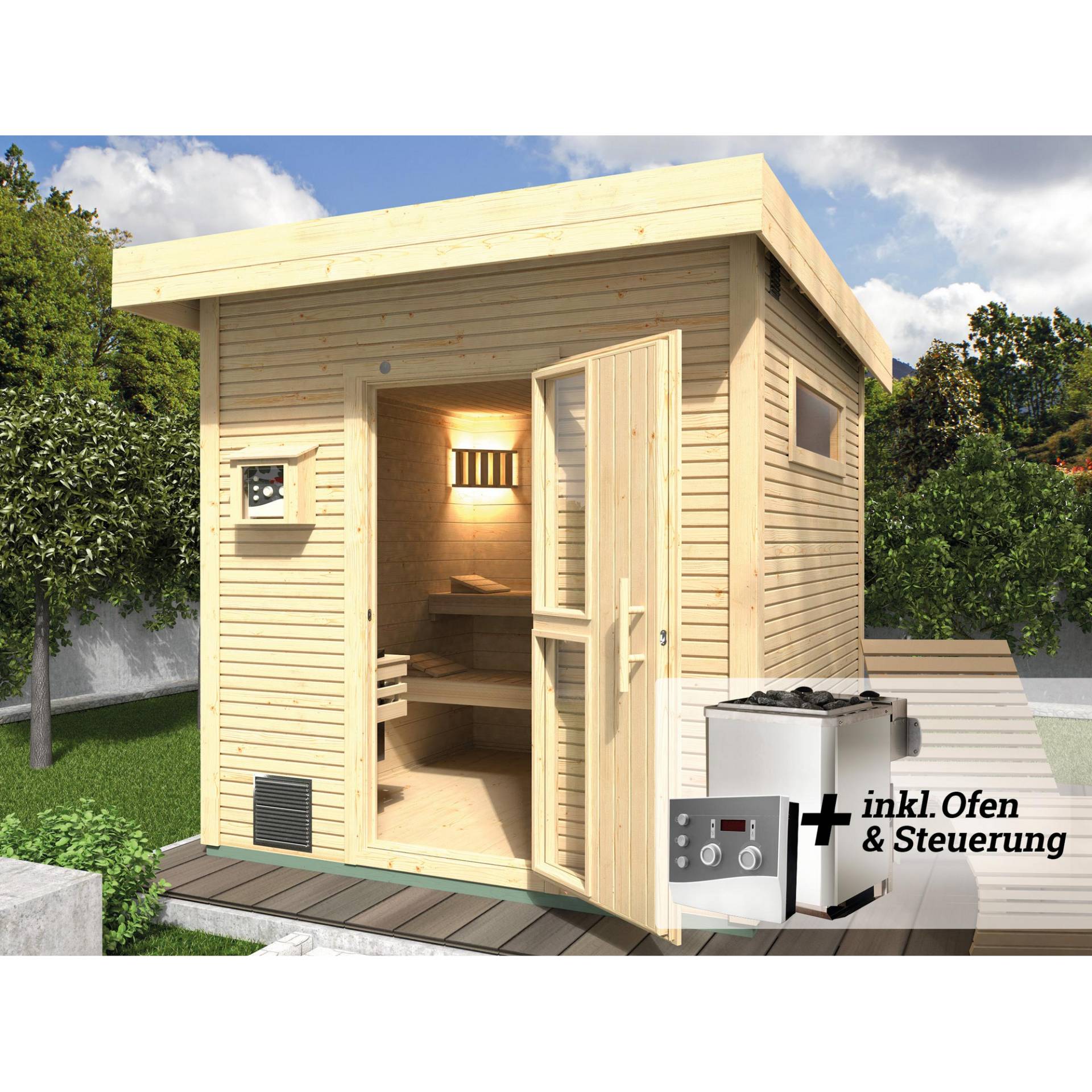 Weka Design-Saunahaus 'Kuopio' natur, mit 9 kW OS-Ofenset, analoger Steuerung 238 x 238 x 253 cm Weka Design-Saunahaus 'Kuopio' natur, mit 9 kW OS-Ofenset, analoger Steuerung 238 x 238 x 253 cm von WEKA