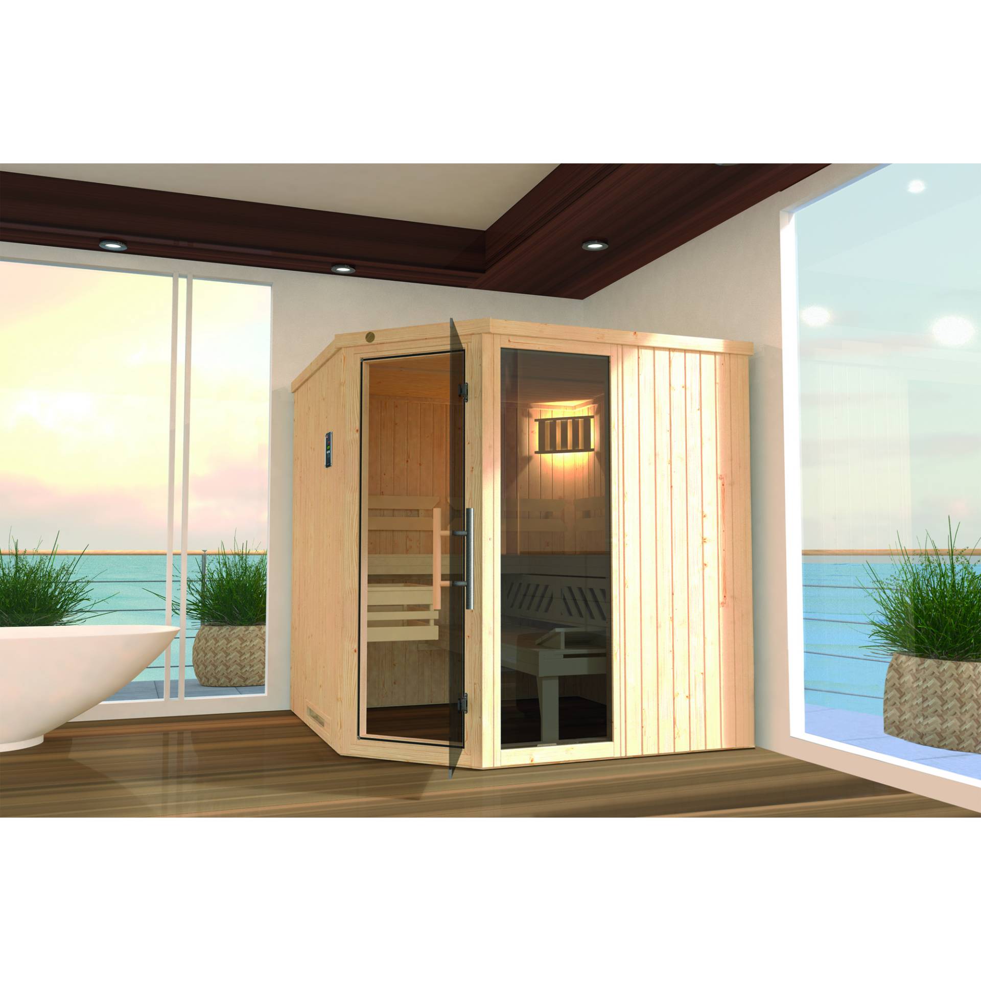 Weka Element-Ecksauna 'Varberg 3' 194 x 144 cm mit Glastür, Fenster Weka Element-Ecksauna 'Varberg 3' 194 x 144 cm mit Glastür, Fenster von WEKA