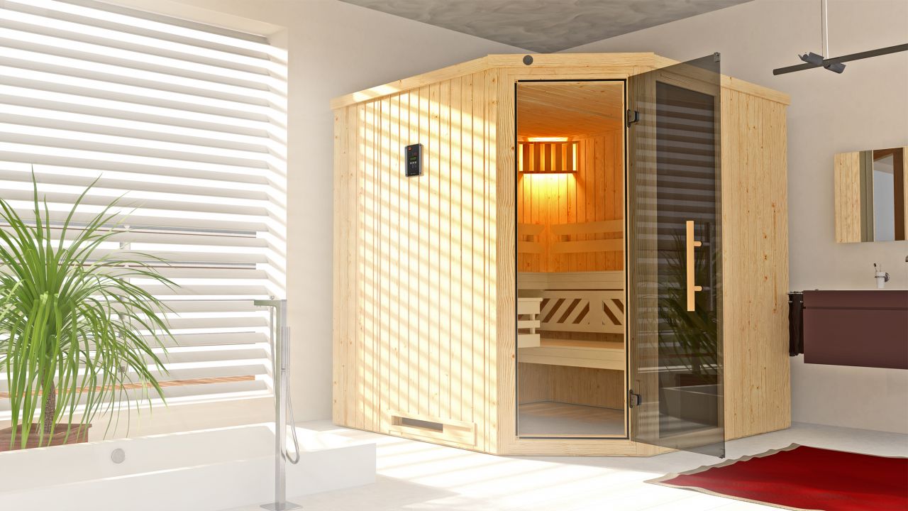 Weka Element-Ecksauna Varberg 3 mit Glastür und Fenster von WEKA