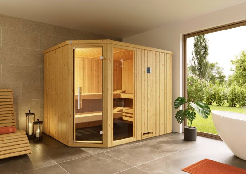 Weka Element-Ecksauna Varberg 4 GTF mit Glastür und Fenster von WEKA